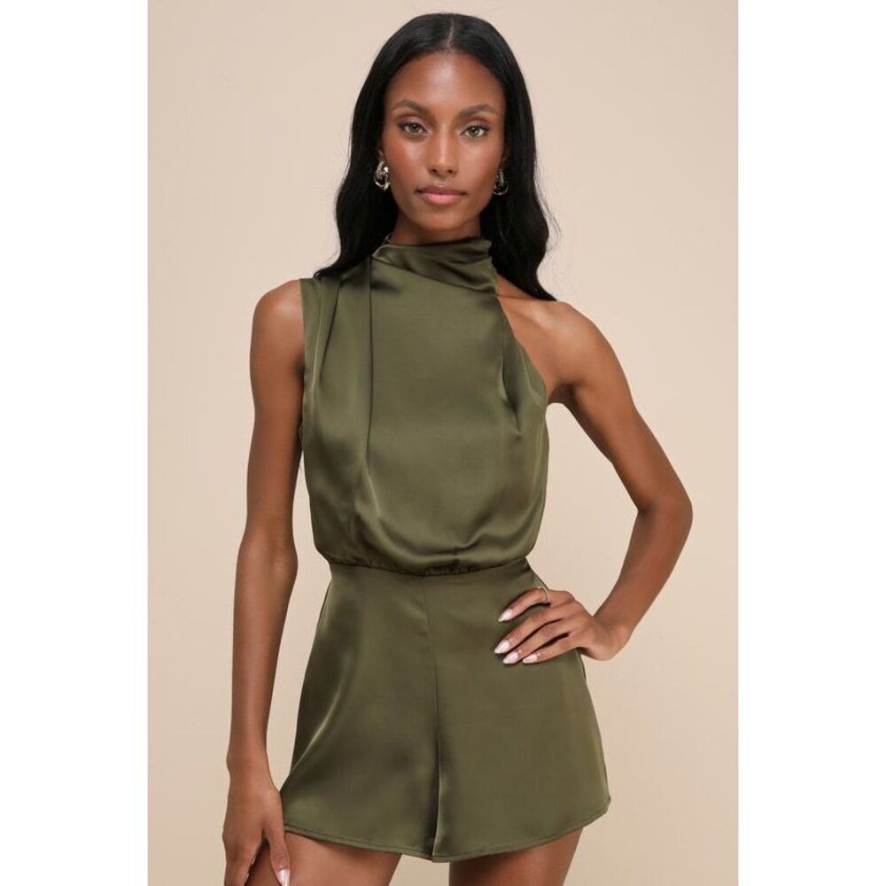 Lulus Advantageous Perfection Olive Green Satin Asymmetrical Romper - Size XS